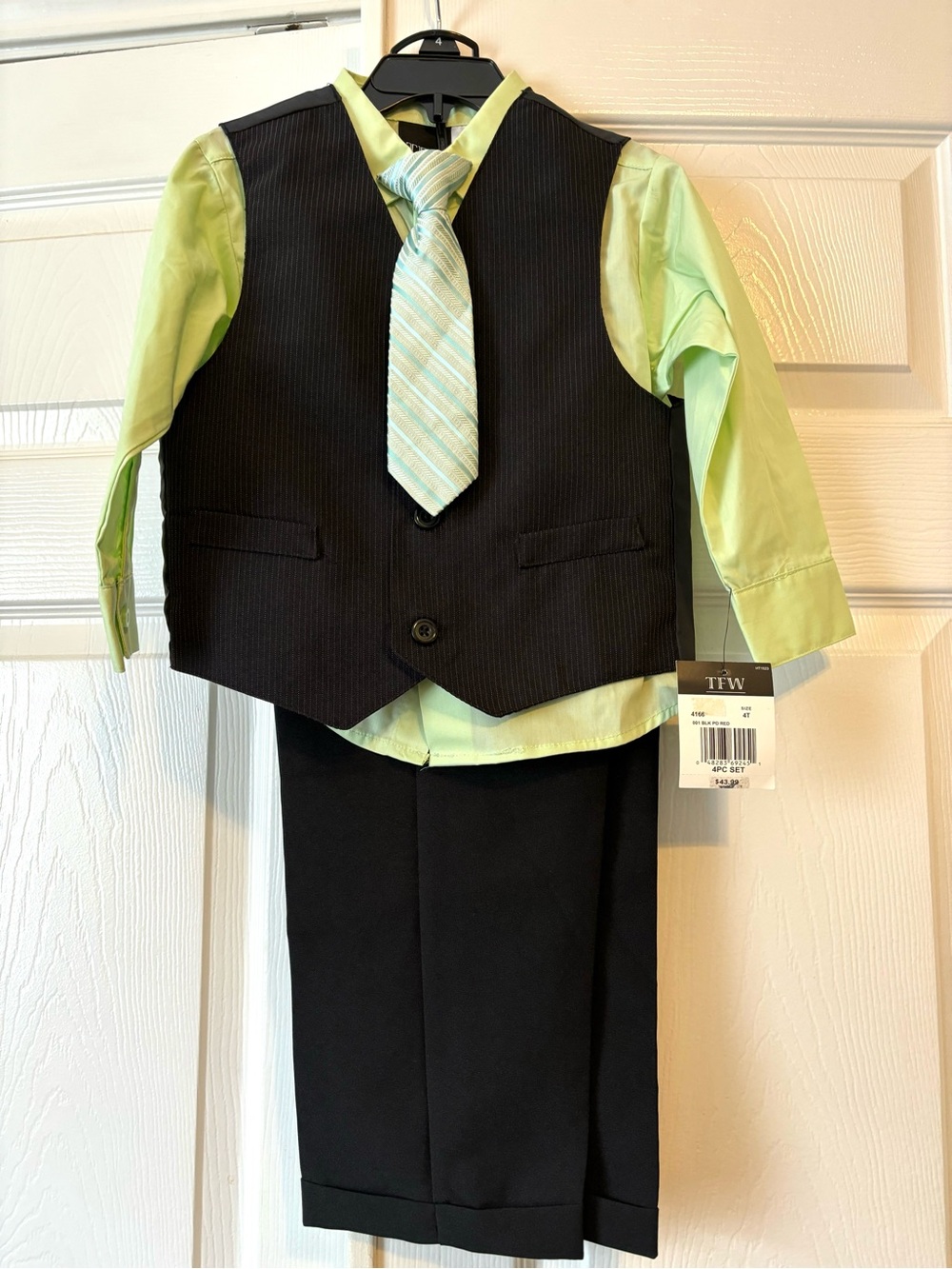 ✨New✨Boys' Black Stripe Vest Suit  & Pants Matching Set with Light Green Shirt